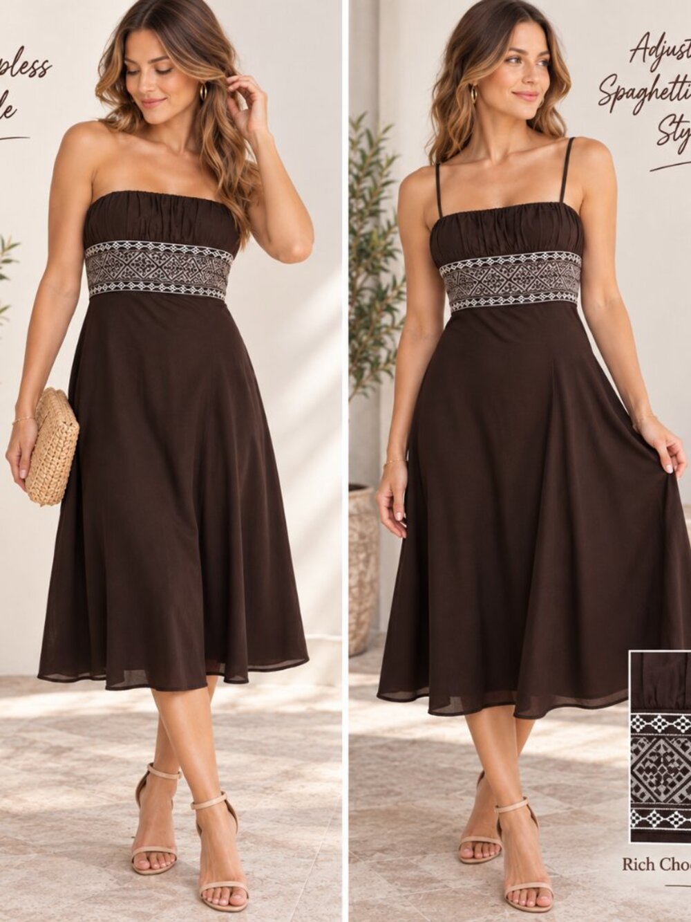 Ann Taylor LOFT Brown Strapless Midi Dress Convertible Removable Straps Sz 14
